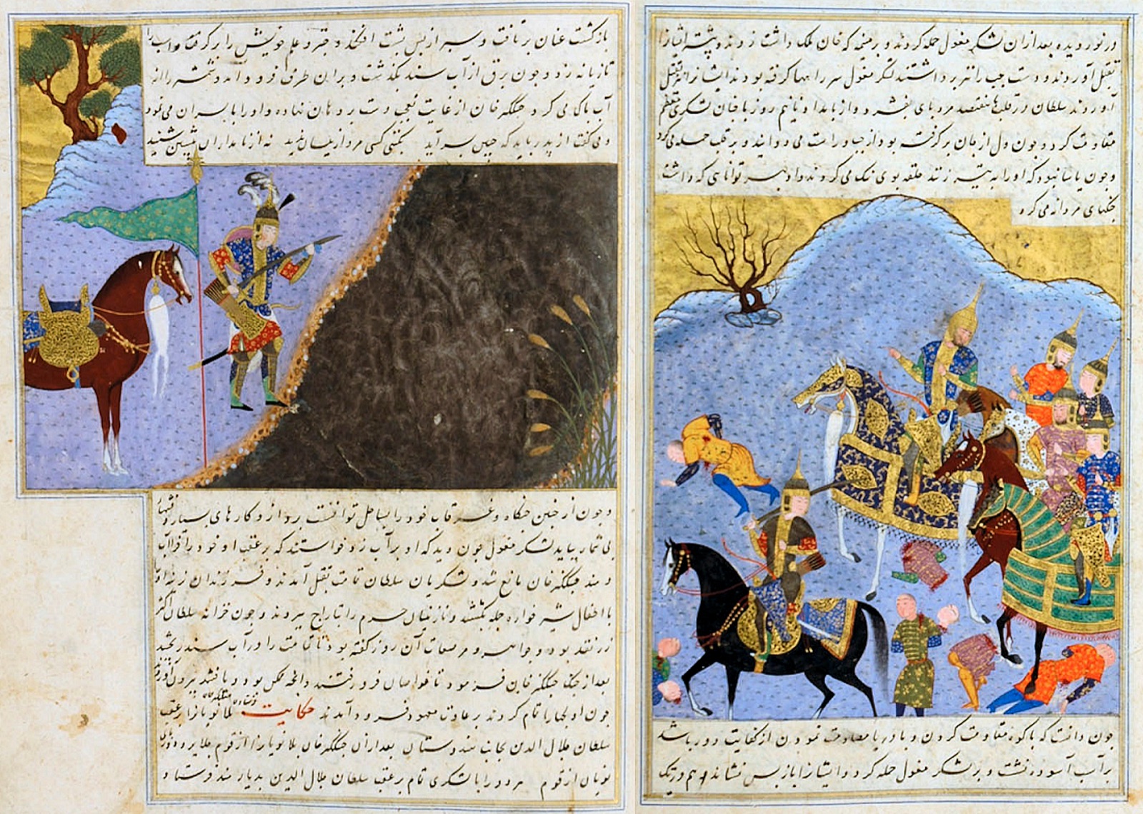 Manuscript miniature of Genghis Khan's forces confronting Jalal al-Din Khwarazmshah across the Indus