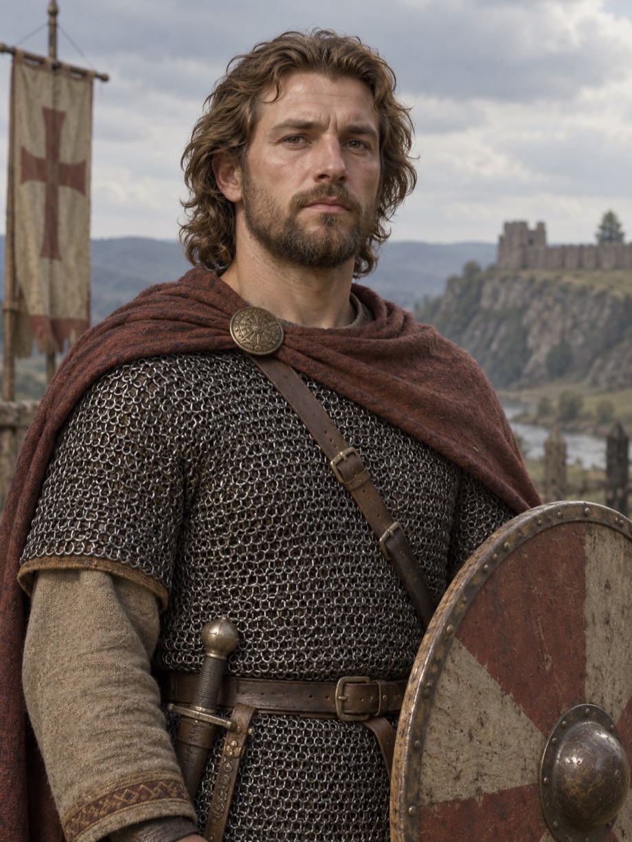 AI-assisted imagined portrait of Hruodland (historical Roland); speculative historical reconstruction